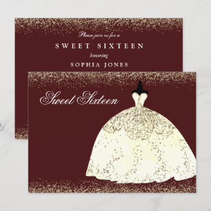 Burgundy Golden Dress Glitter Sweet 16 Invite
