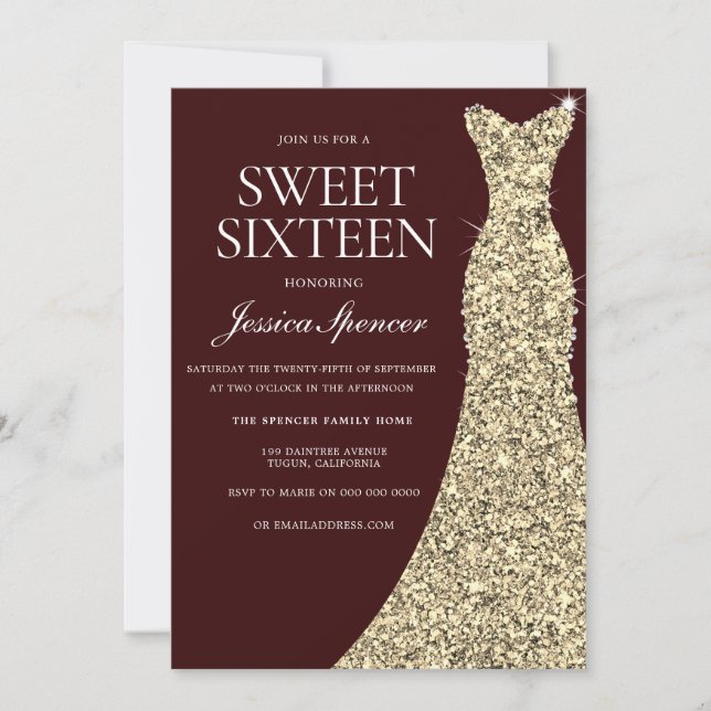 Burgundy Golden Dress Sweet 16 Invite (Front)