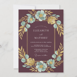 Burgundy Golden Flourish Romance Wedding Invitation