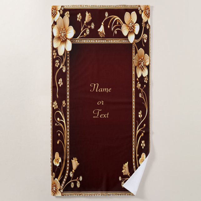 Burgundy Golden Flowers Beach Towel (Front)