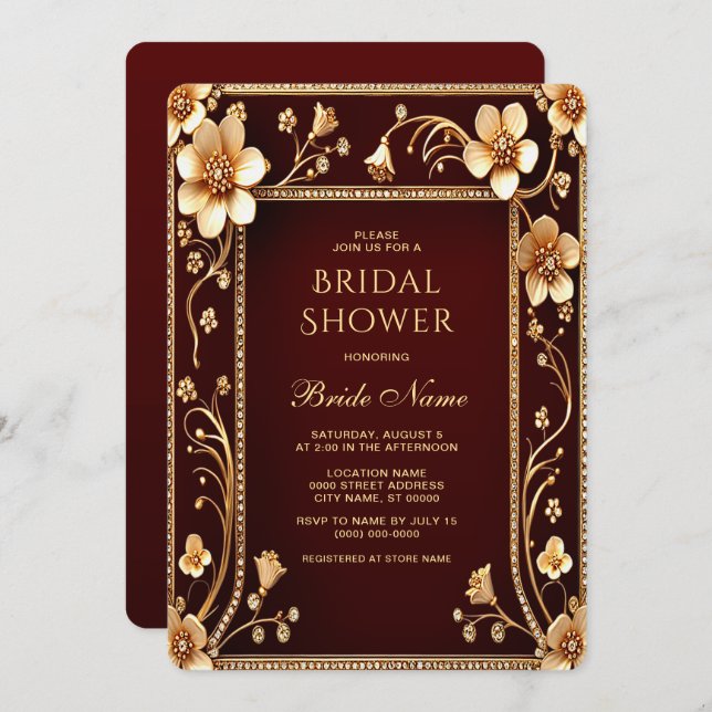 Burgundy Golden Flowers Bridal Shower Invitation (Front/Back)