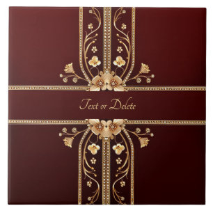Burgundy Golden Flowers Ceramic Tile