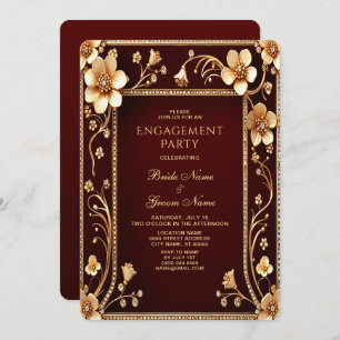 Burgundy Golden Flowers Engagement Invitation