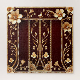 Burgundy Golden Flowers Jigsaw Puzzle