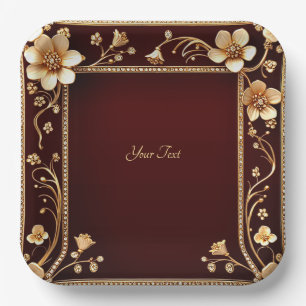 Burgundy Golden Flowers Paper Plate