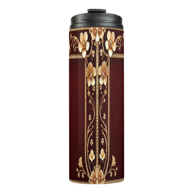Burgundy Golden Flowers Thermal Tumbler (Front)