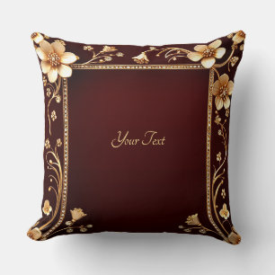 Burgundy Golden Flowers Throw Pillow