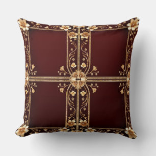 Burgundy Golden Flowers Throw Pillow