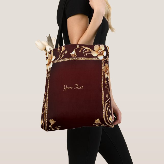 Burgundy Golden Flowers Tote Bag (Close Up)