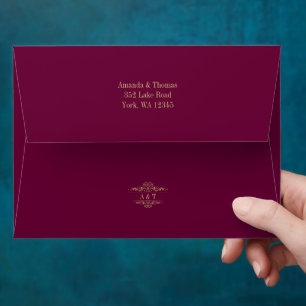 Burgundy golden frame wedding envelope
