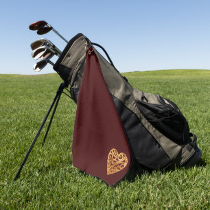 Burgundy Golden Heart Symbol of Love Golf Towel