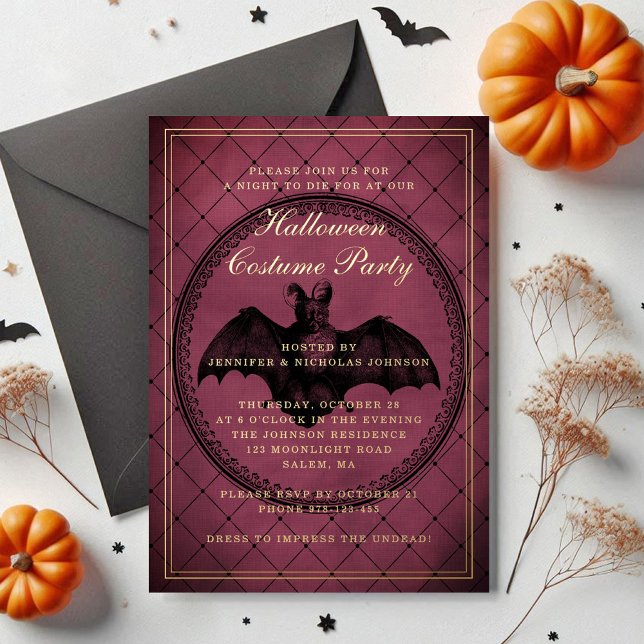 Burgundy Gothic Bat Halloween Costume Party  (Burgundy Gothic Bat Halloween Costume Party Foil Invitation)