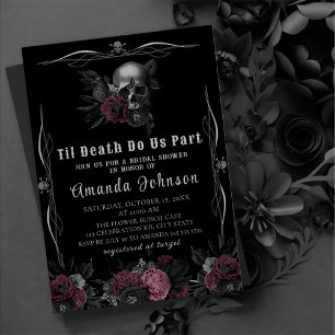 Burgundy Gothic Dark Floral Skull Bridal Shower Invitation