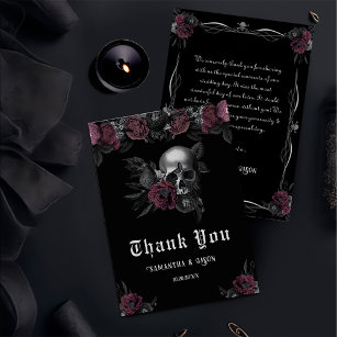 Burgundy Gothic Floral Skull Halloween Wedding  Thank You Card