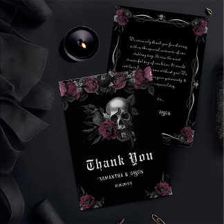 Burgundy Gothic Floral Skull Halloween Wedding Thank You Card