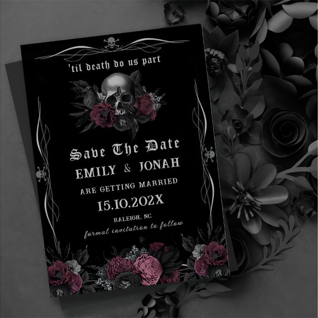 Burgundy Gothic Floral Skull wedding Save The Date Invitation (Creator Uploaded)