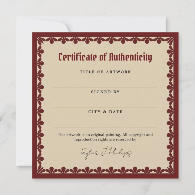 Burgundy Gothic Font Certificate of Authenticity (Front)