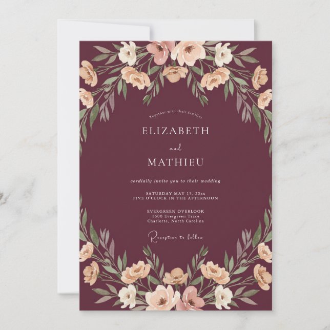 Burgundy Graceful Bohemian Wedding Invitation (Front)