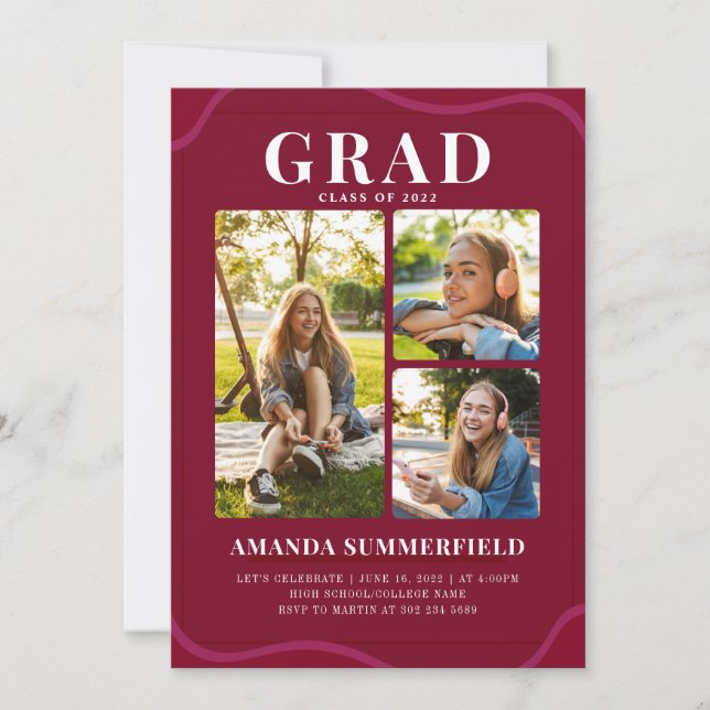 Burgundy Grad 3 Photo Collage Graduation Party Invitation (Front)