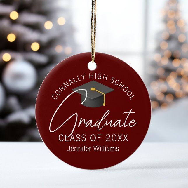 Burgundy Graduation Photo Personalised Christmas Ceramic Ornament (Creator Uploaded)