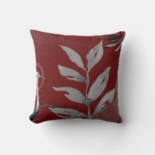 Burgundy & Gray Abstract Watercolor Leaves Ostrich Cushion