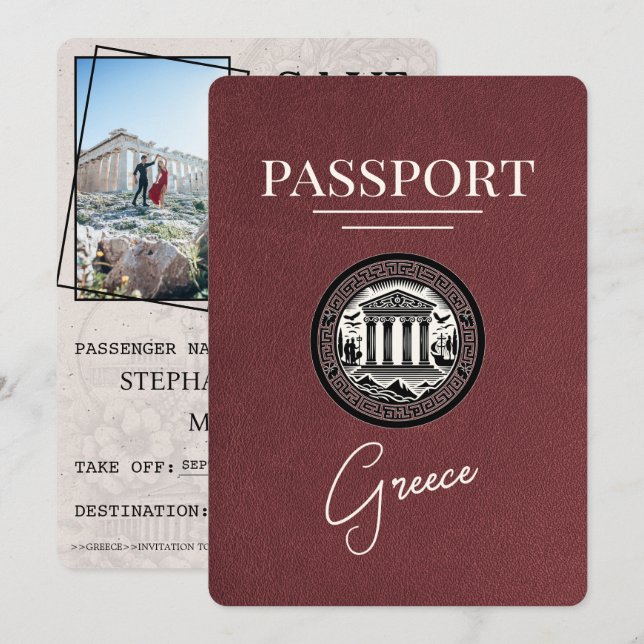 Burgundy Greece Passport Save the Date Card (Front/Back)