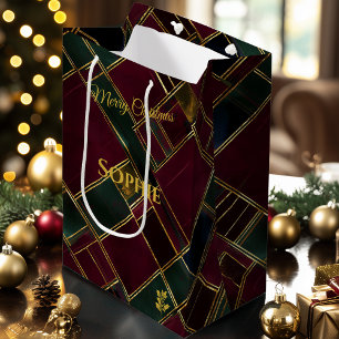 Burgundy, Green, and Gold Abstract Plaid Christmas Medium Gift Bag