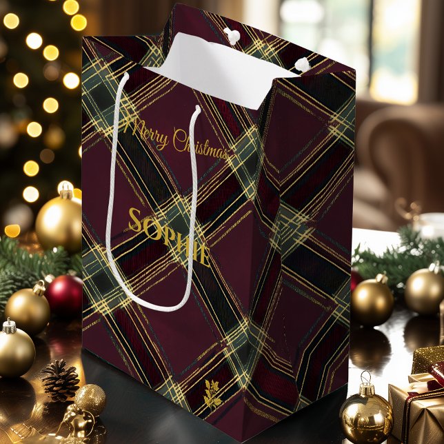 Burgundy, Green, and Yellow Plaid Christmas Custom Medium Gift Bag (Creator Uploaded)