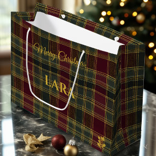 Burgundy, Green, and Yellow Plaid Christmas Large Gift Bag