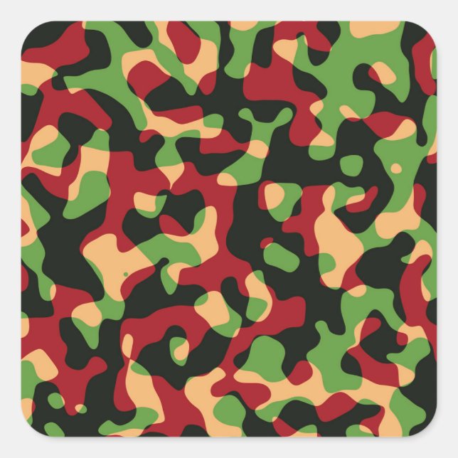 Burgundy Green Black Camouflage Army Fabric Patter Square Sticker (Front)