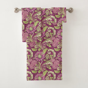 Burgundy & Green Floral Damask Bath Towel Set