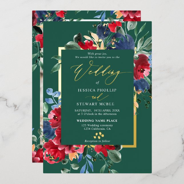 Burgundy green floral gold script photo wedding (Front/Back)