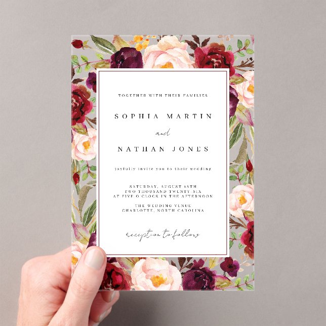 Burgundy Green Floral Leaf Modern Clear Wedding Acrylic Invitations (Insitu (Handheld))