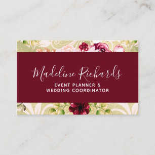 Burgundy & Green Floral with Social Media Icons Business Card