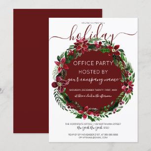 Burgundy Green Floral Wreath Corporate Holiday Invitation