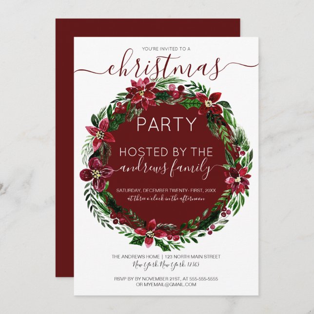 Burgundy Green Floral Wreath Watercolor Christmas Invitation (Front/Back)