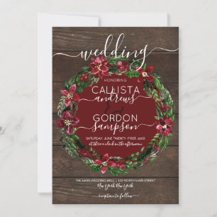 Burgundy Green Floral Wreath Watercolor Wedding Invitation