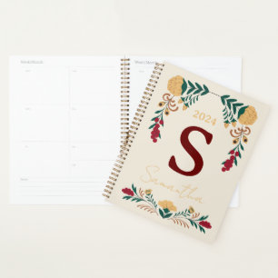 Burgundy Green Gold Flower Decorated Initial Planner