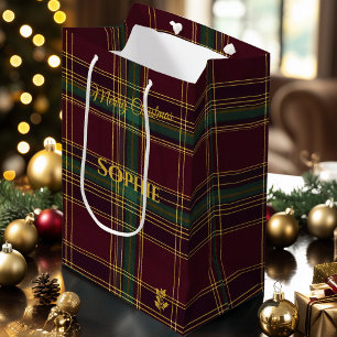 Burgundy, Green, & Gold Plaid Christmas Custom Medium Gift Bag