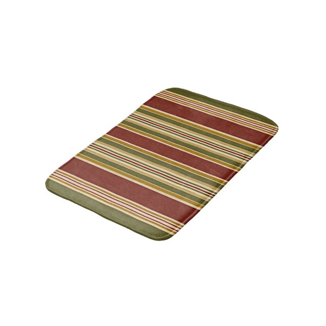 Burgundy Green Ivory Ochre Yellow Stripes Pattern Bath Mat (Angled)