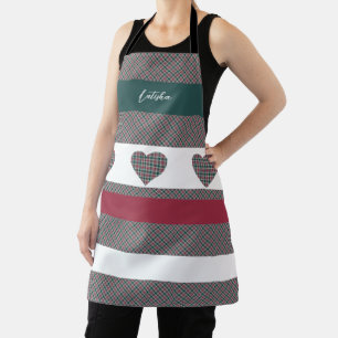 Burgundy Green Modern Tartan With Hearts Apron