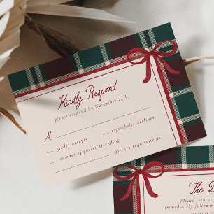 Burgundy Green Plaid Christmas Bow Wedding RSVP Card