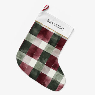Burgundy Green Plaid Stripe Christmas Gold Glitter Large Christmas Stocking