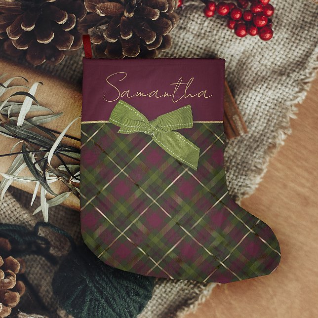 Burgundy & Green Plaid With Name  Large Christmas Stocking (farmhouse Christmas Stocking Red and Green with tartan plaid and simulated bow)