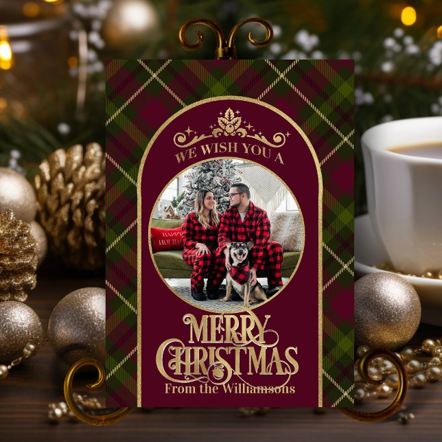 Burgundy & Green Plaid With Name & Photo Christmas Holiday Card (elegant classic Christmas card burgundy, green and gold personalized with family name and photo)