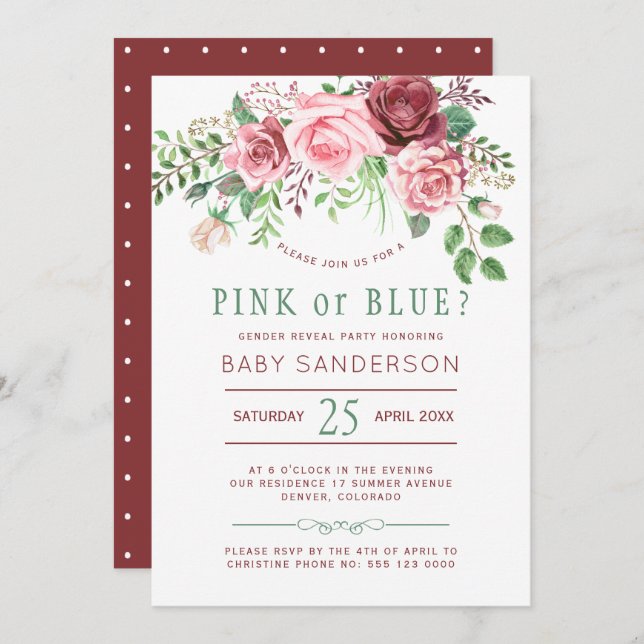 Burgundy Green Roses Baby Gender Reveal Party Invitation (Front/Back)