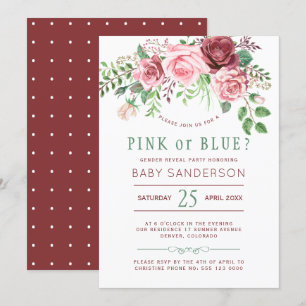 Burgundy Green Roses Baby Gender Reveal Party Invitation