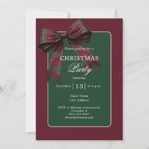 Burgundy Green Tartan Plaid Bow Christmas Party Invitation