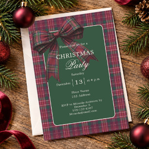 Burgundy Green Tartan Plaid Bow Christmas Party Invitation