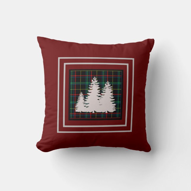 Burgundy Green Tartan  Plaid Pine Tree  Silhouette Cushion (Front)